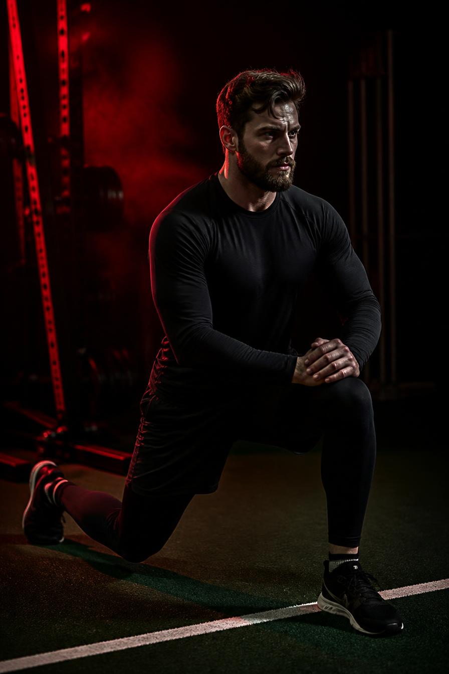 Athlete performing off-ice strength training in red-lit gym
